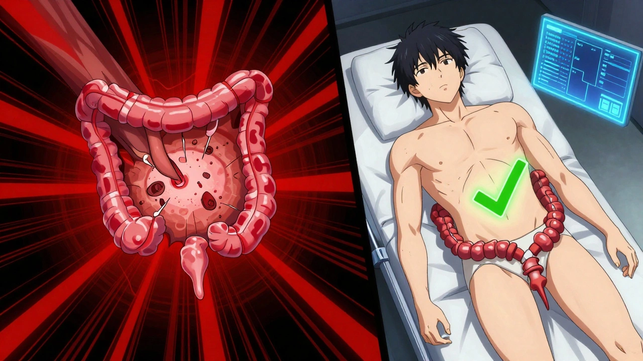 Split scene: dangerous piecemeal polyp removal on left, clean follow-up colonoscopy on right with green checkmark.