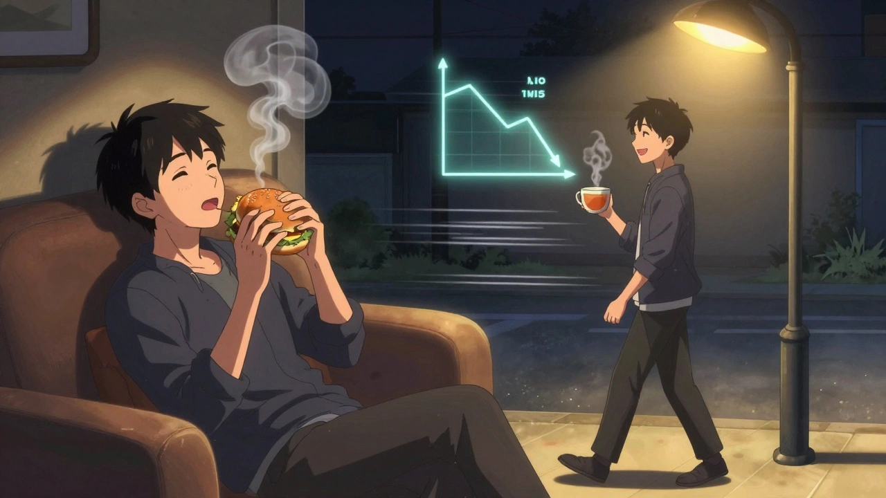 Split scene: person eating late snack vs. walking after dinner with herbal tea, acid levels dropping.