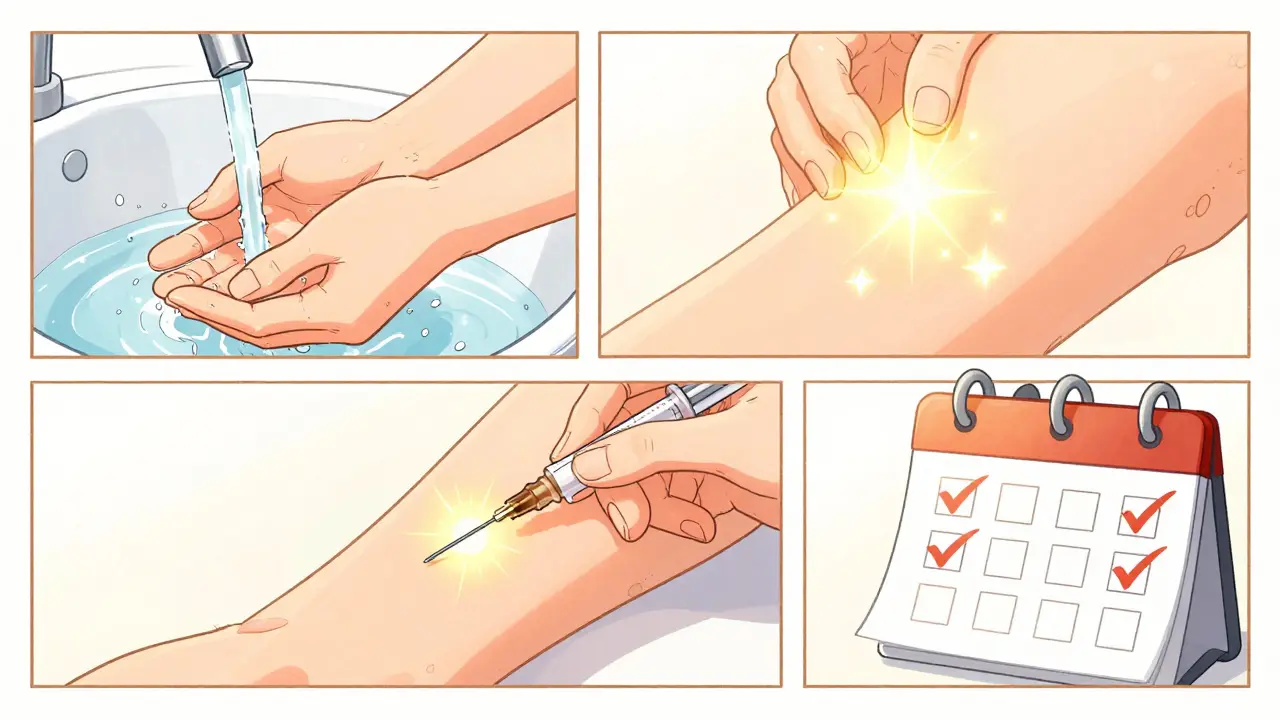 Three-panel visual showing handwashing, injection, and follow-up calendar representing safe injection routine.