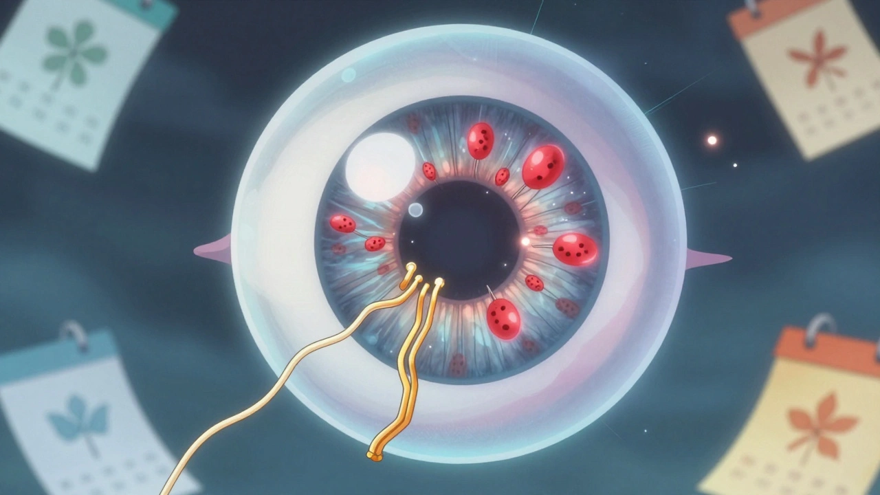 Translucent eye with allergens being neutralized by glowing antihistamine particles.