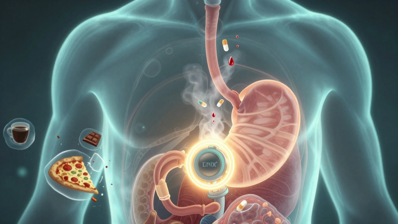 Transparent torso with LINX® device sealing LES, PPI pills dissolving, trigger foods shattering.