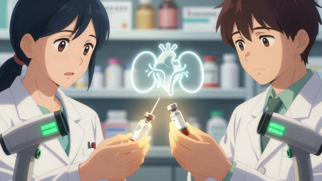 Two pharmacists double-checking an insulin vial with glowing barcode scanners nearby.