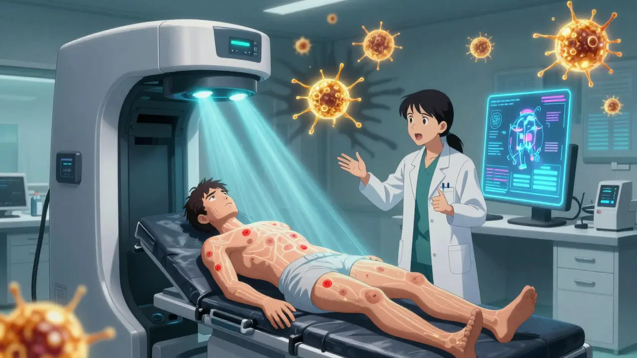 A 3D full-body skin scan with glowing AI markers highlighting dangerous moles in a clinic.