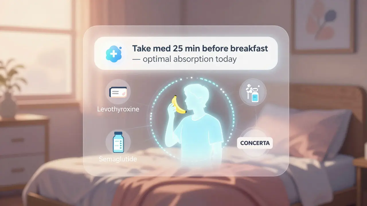 A futuristic app guides a person to take medication before eating a banana at dawn.