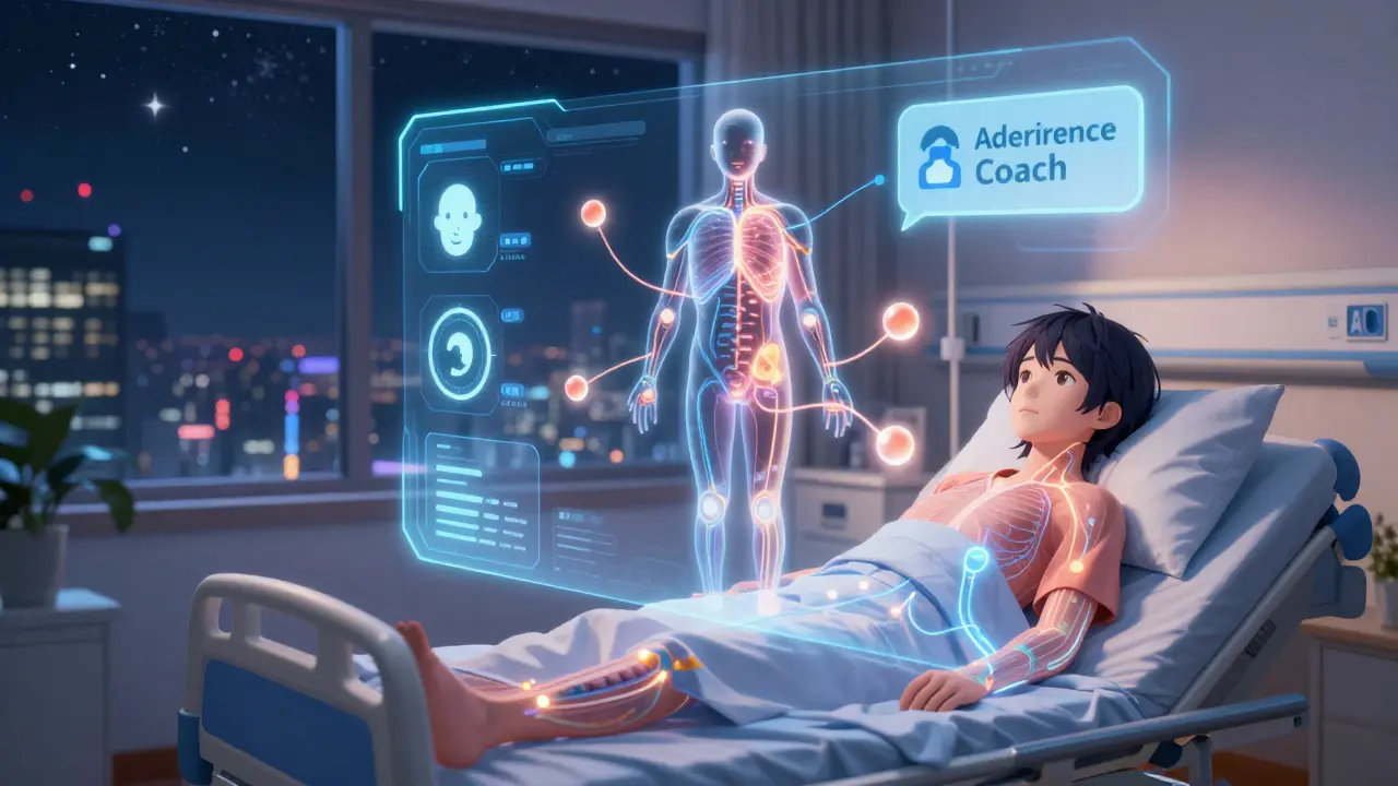 A futuristic digital health interface with glowing medication orbs and an AI coach hovering over a hospital bed.