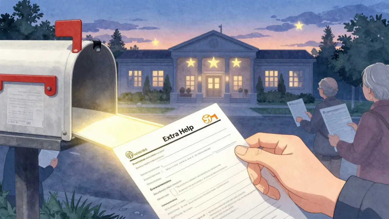 A hand submits an Extra Help application form as a golden path glows toward a government building.