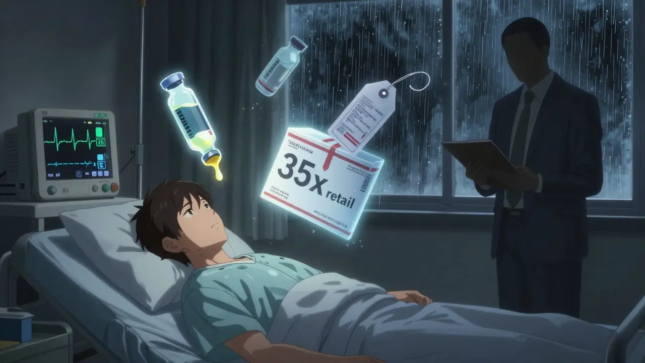 A patient in a hospital bed is surrounded by floating images of melted medicine, delayed packages, and inflated prices, under dramatic lighting.