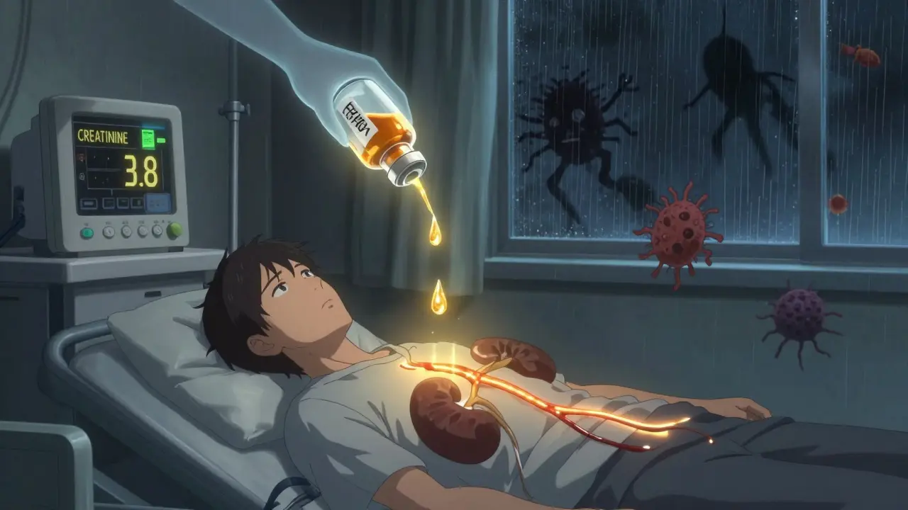 A patient receives golden albumin drips that restore blood flow to kidneys, while terlipressin glows above them.