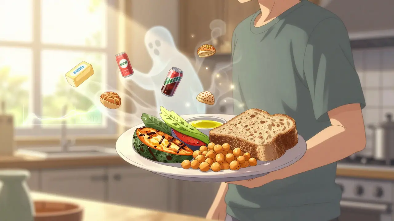 A person walking through a kitchen as processed foods vanish, holding a Mediterranean meal under morning light.