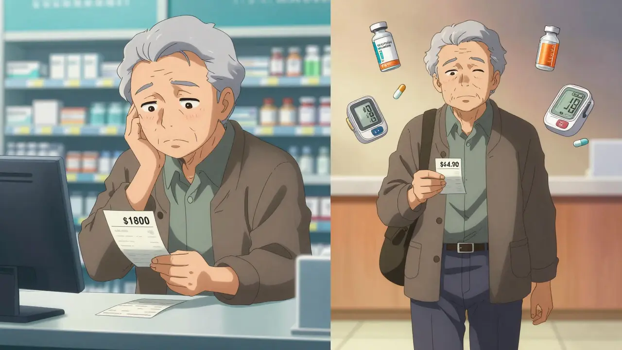 A senior compares high and low prescription costs in a split-panel scene at a pharmacy.
