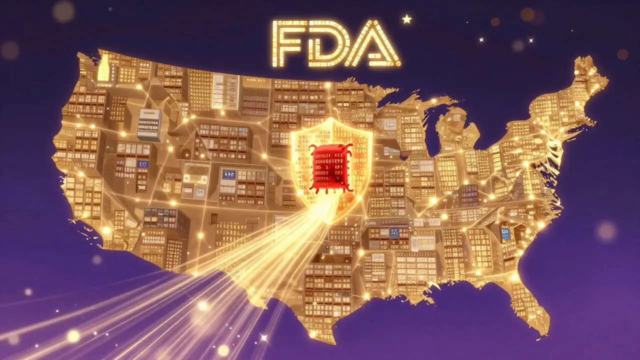 A vast U.S. digital network glows with verification data, blocking a corrupted packet with golden codes.