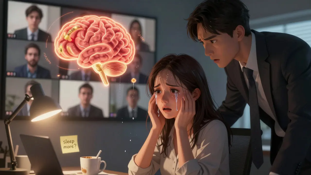 A woman crying during a Zoom meeting, with a brain diagram showing neurotransmitter drops.