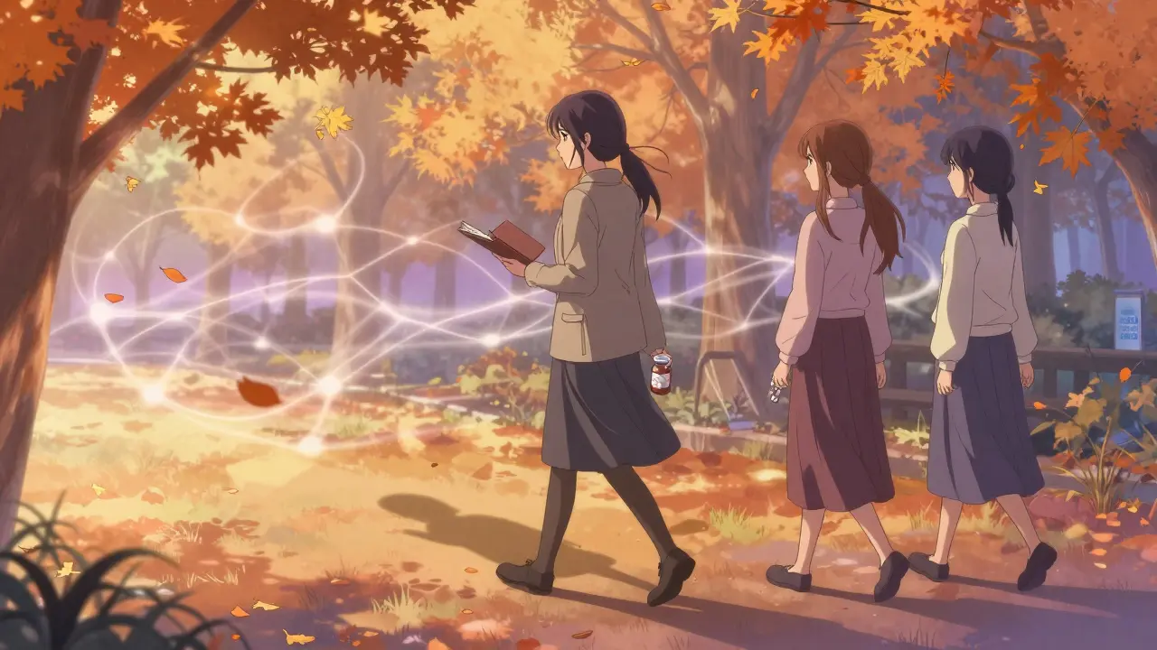 A woman walking in a park at dawn, holding pills and journal, two versions of herself beside her.