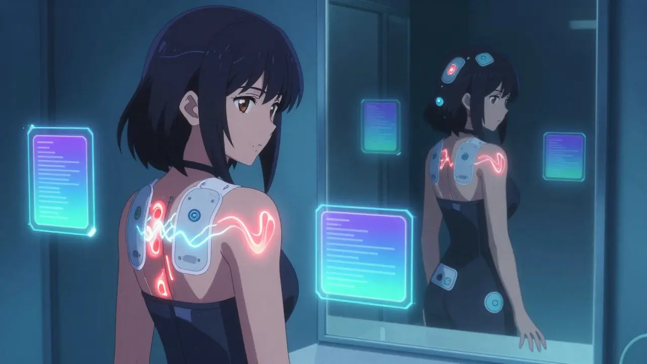 A woman wearing wireless skin patches that glow with bioimpedance data, reflecting in a smart mirror.