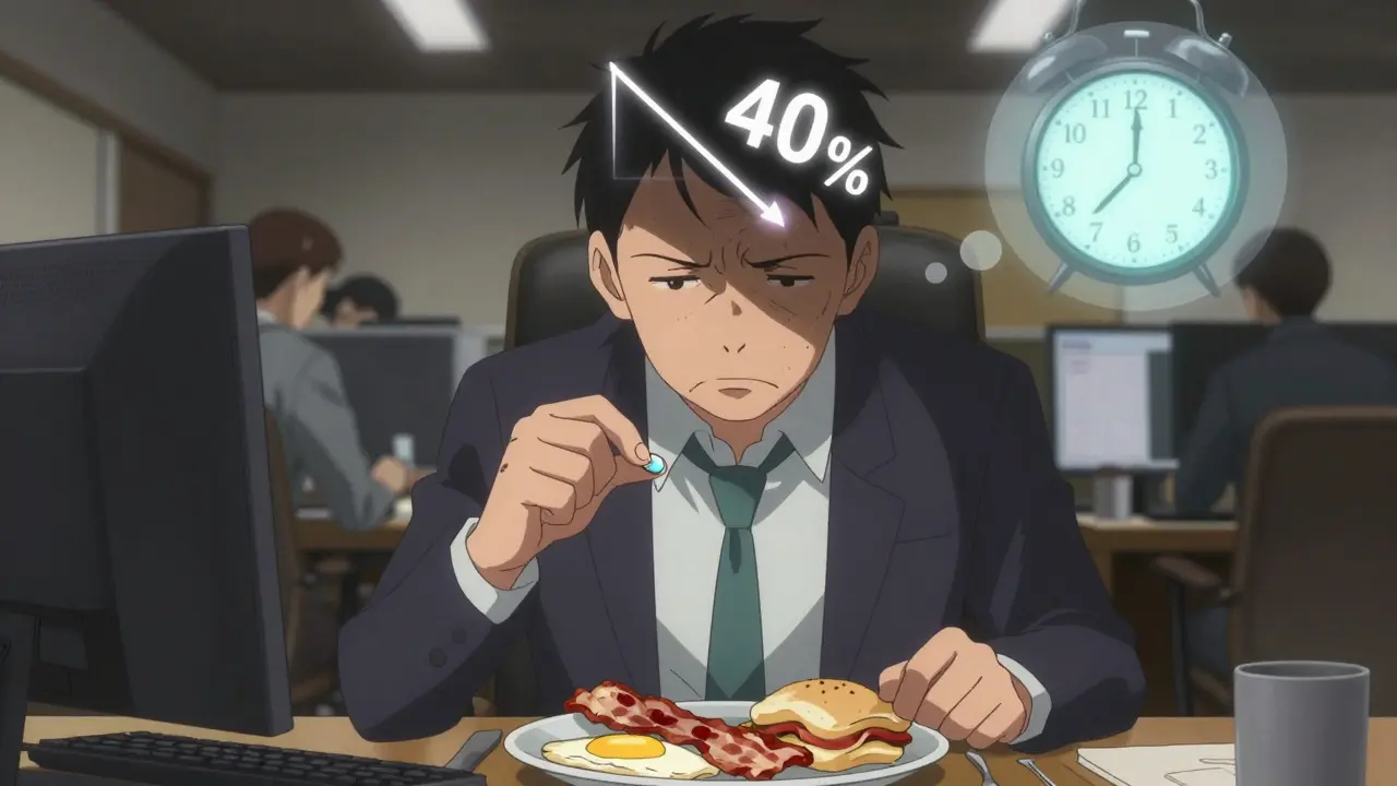 An adult stares at a fatty breakfast as a graph shows 40% drop in ADDERALL XR absorption.