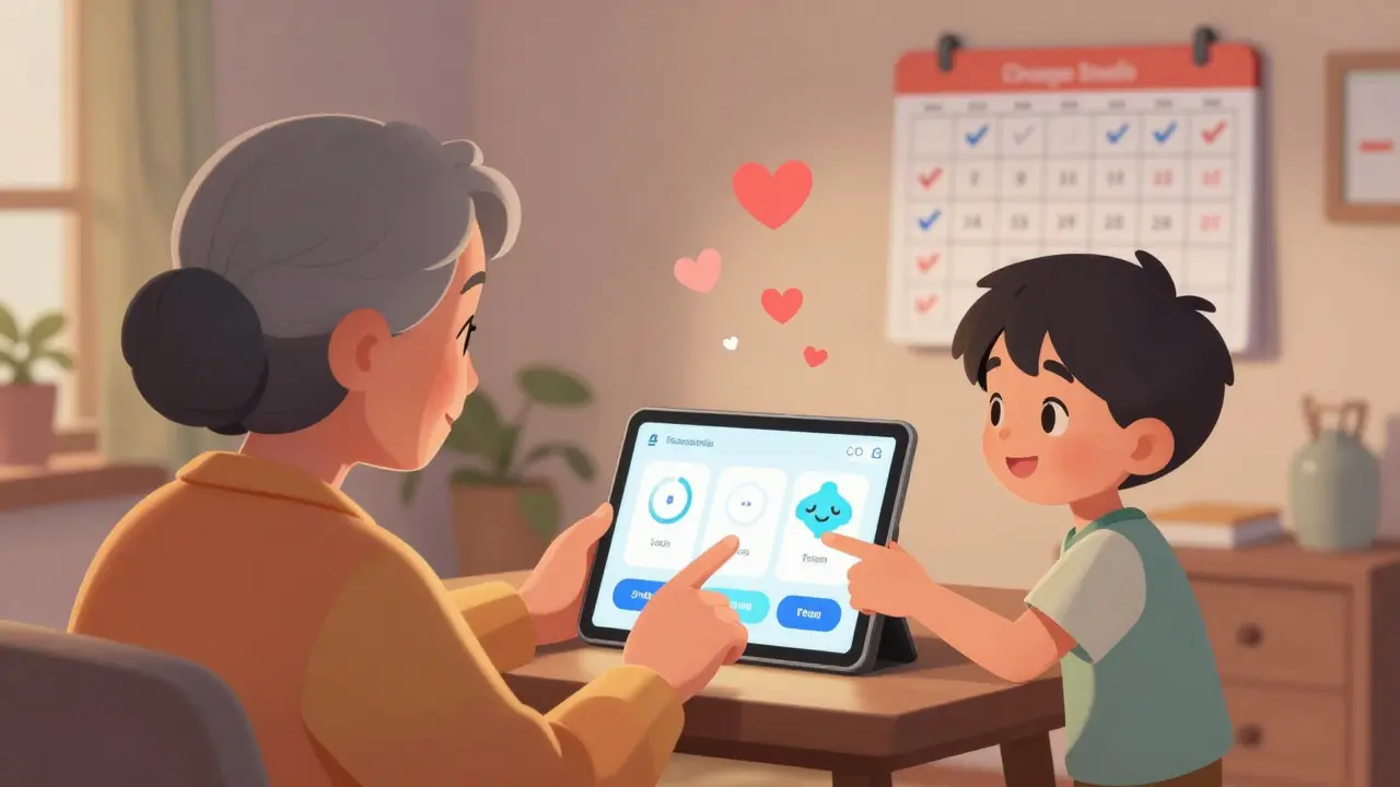 An elderly woman and her grandson using a simplified medication app together in a warm, cozy home.