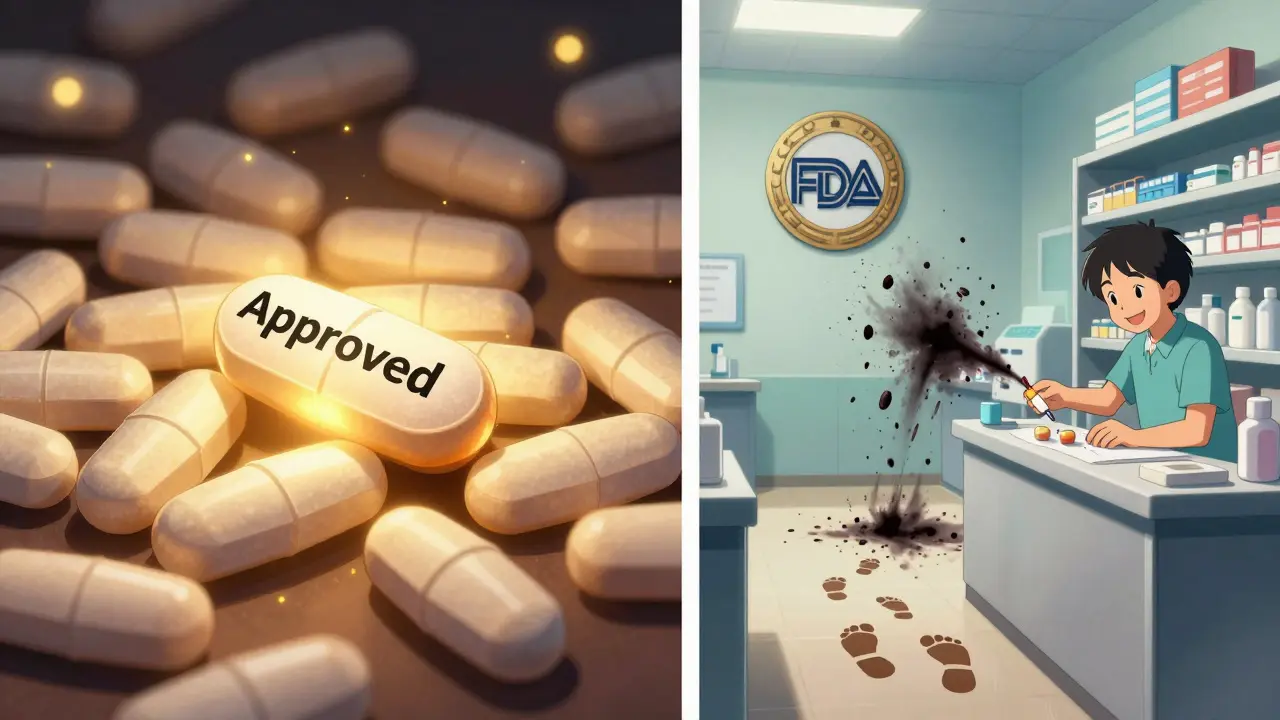 Approved generic pills glowing beside rejected ones, with a patient picking up medication at a pharmacy under the FDA emblem.