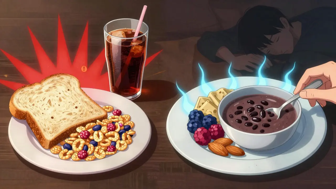 Contrasting unhealthy and healthy meals with glowing energy lines, showing blood sugar spikes versus stability.