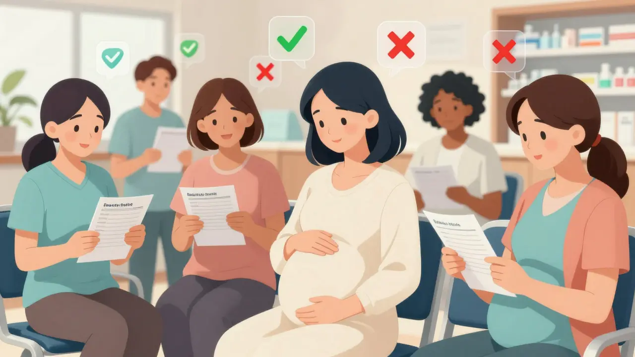 Diverse group of pregnant women in clinic with medication lists and safety icons