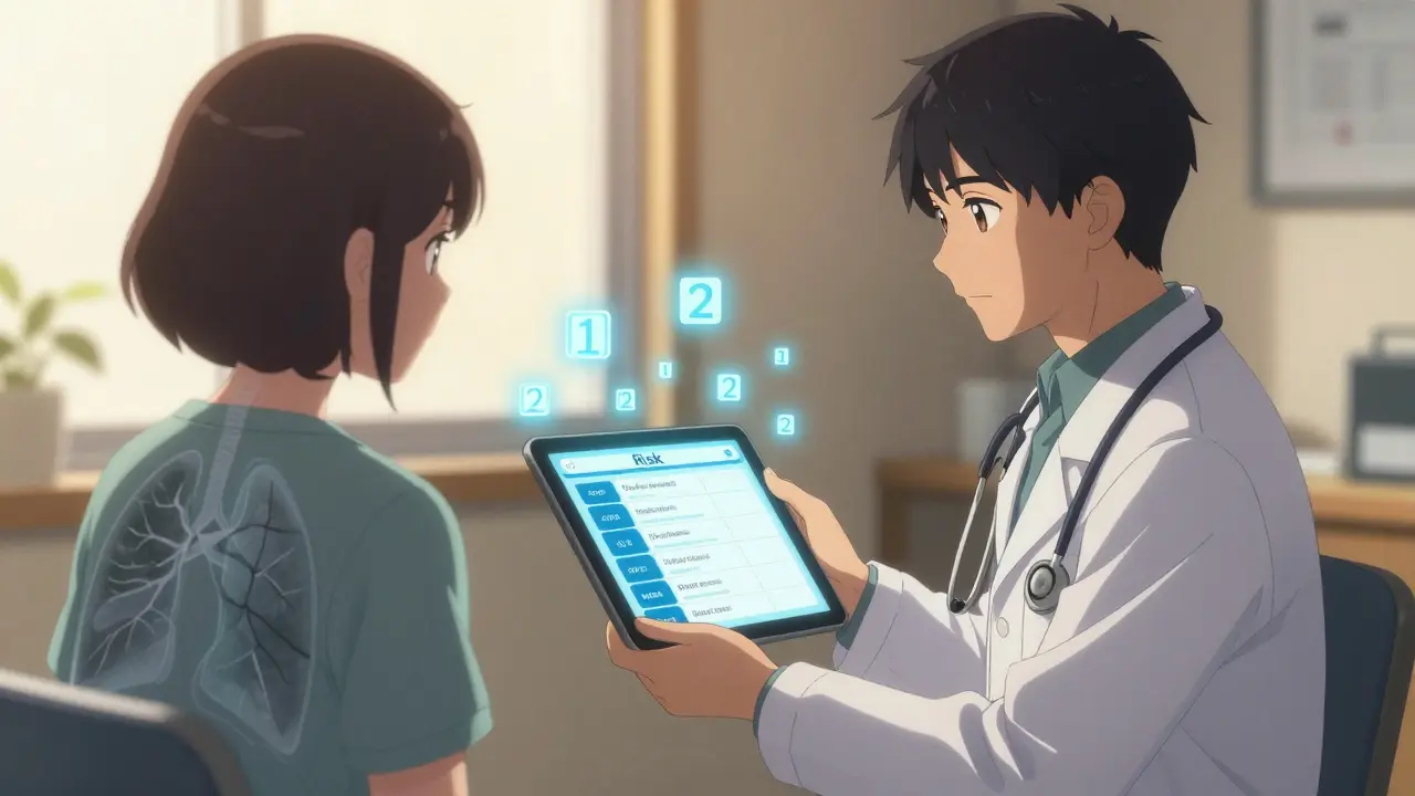 Doctor and patient in consultation with a risk calculator interface glowing beside them, fragile lungs visible.
