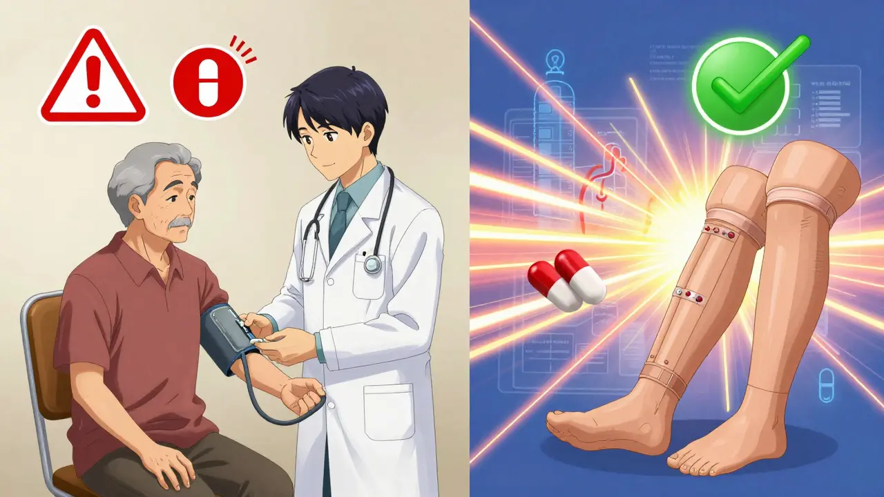 Doctor checking blood pressure with split-screen showing risky vs. safe medications and safety tools.