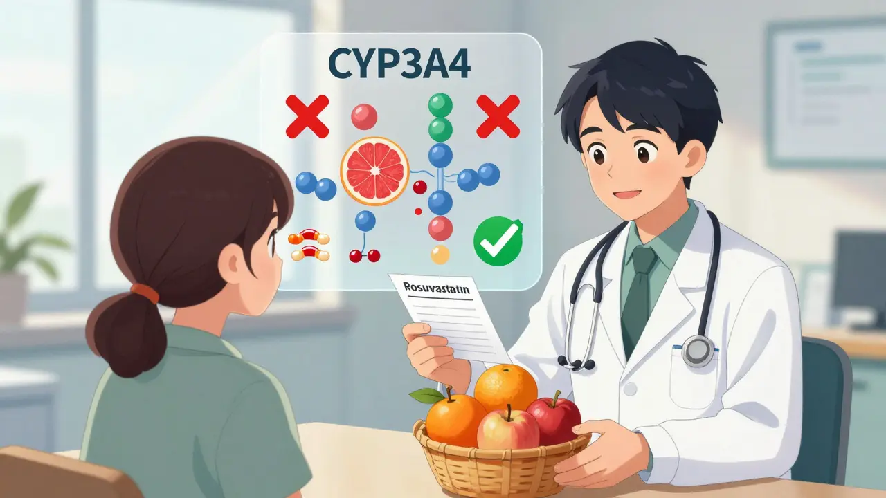 Doctor handing patient safe statin prescription with oranges and apples, diagram showing enzyme safety.