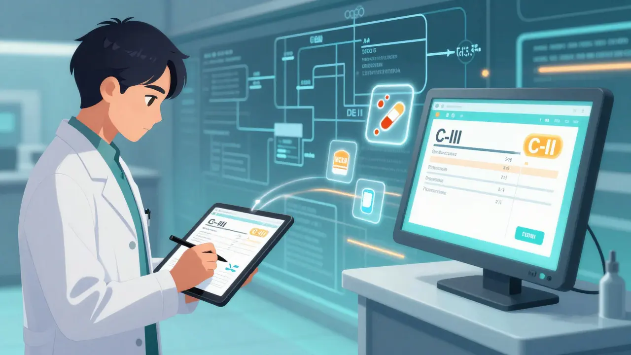 Doctor signing digital prescription that transforms into a C-III label on a pharmacy screen.