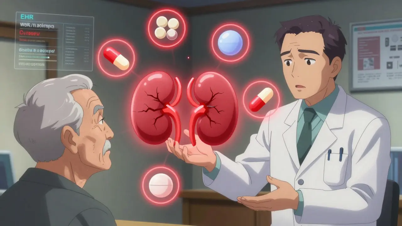 Elderly patient surrounded by dangerous drug combinations, pharmacist intervening with warning halos.