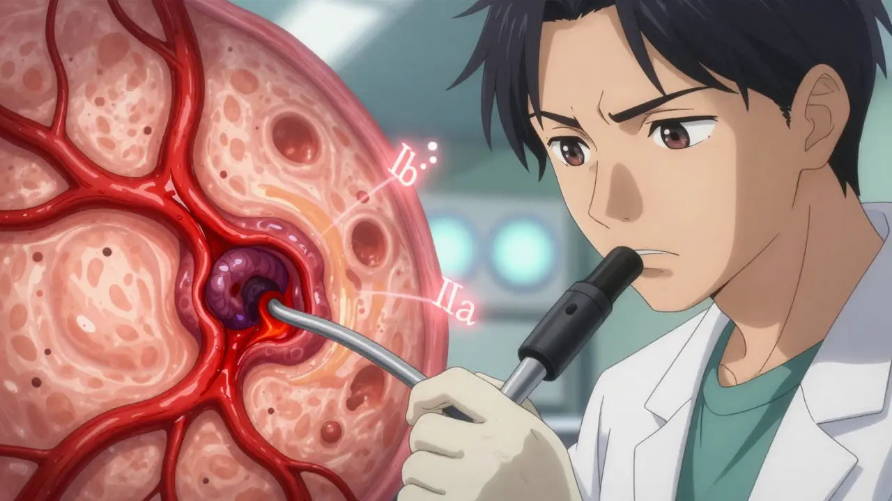 Gastroenterologist performing endoscopy on bleeding ulcer and varices with glowing medical symbols.