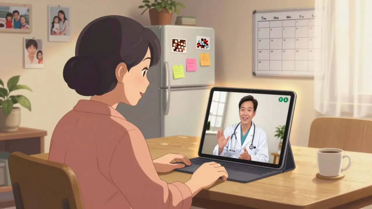 Grandmother in living room joining telehealth appointment with advocate on tablet screen.