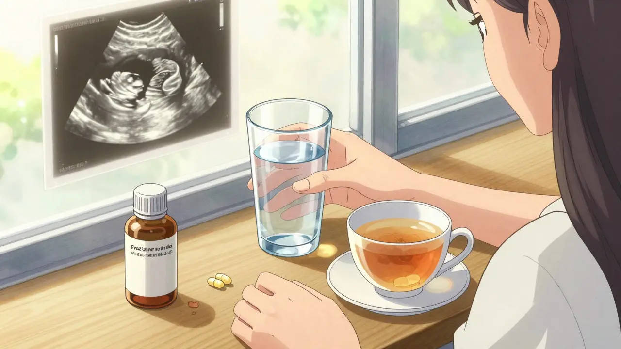 Hands holding prenatal vitamins and acetaminophen beside herbal tea and supplement bottle