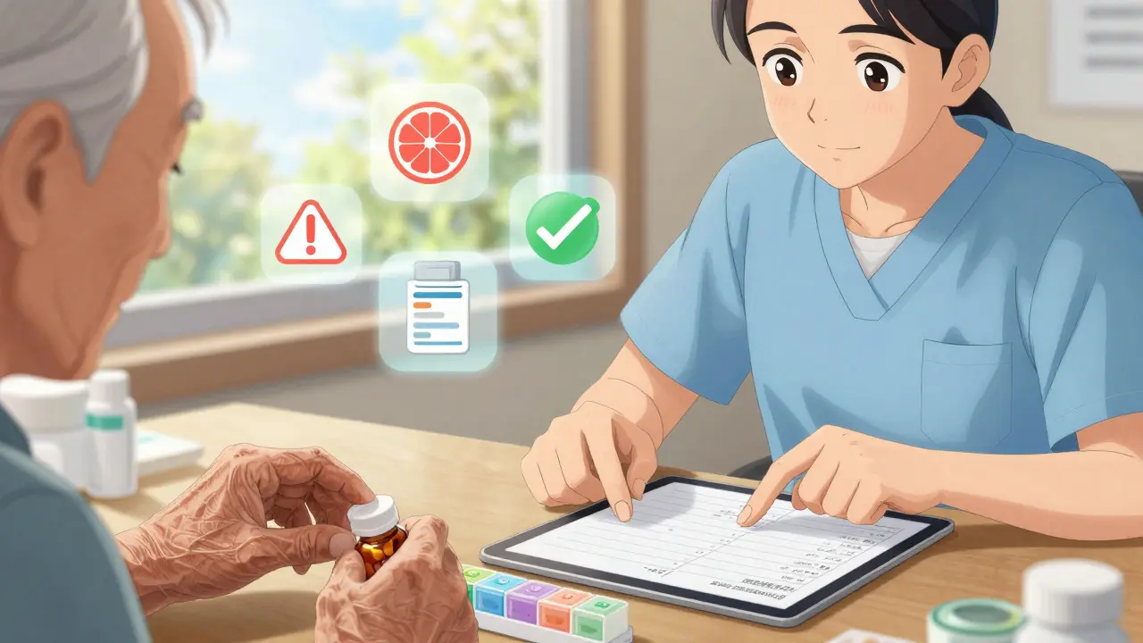 Hands reviewing medications with advocate, pill organizer and digital checklist visible.