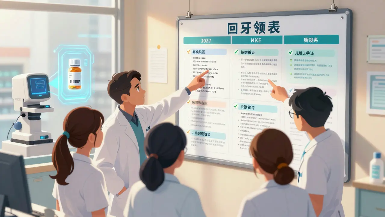 Healthcare team reviewing a digital recall playbook with animated verification steps on a wall display.