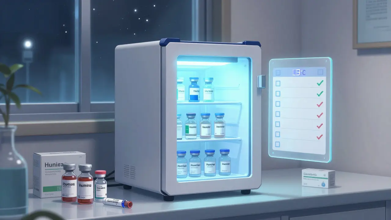 Medical fridge on countertop with labeled vials and glowing temperature display.