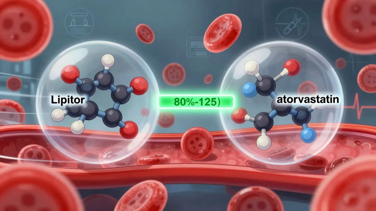 Molecular structures of brand and generic drug floating in bloodstream with bioequivalence indicators.