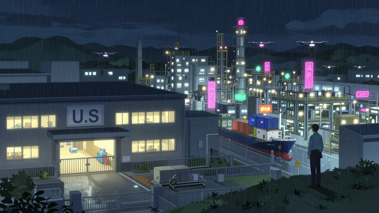 Night view of U.S. and overseas drug factories with FDA inspector watching, rain falling, shipping containers in background.