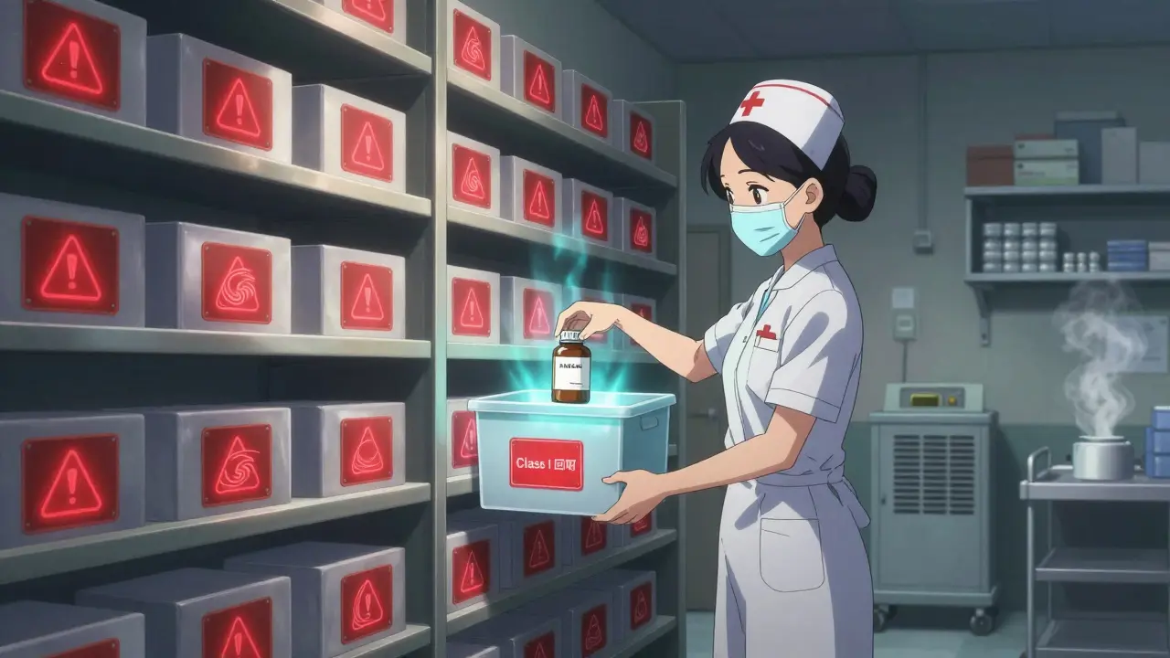 Nurse placing recalled medication into a sealed quarantine bin with glowing red warning tags.