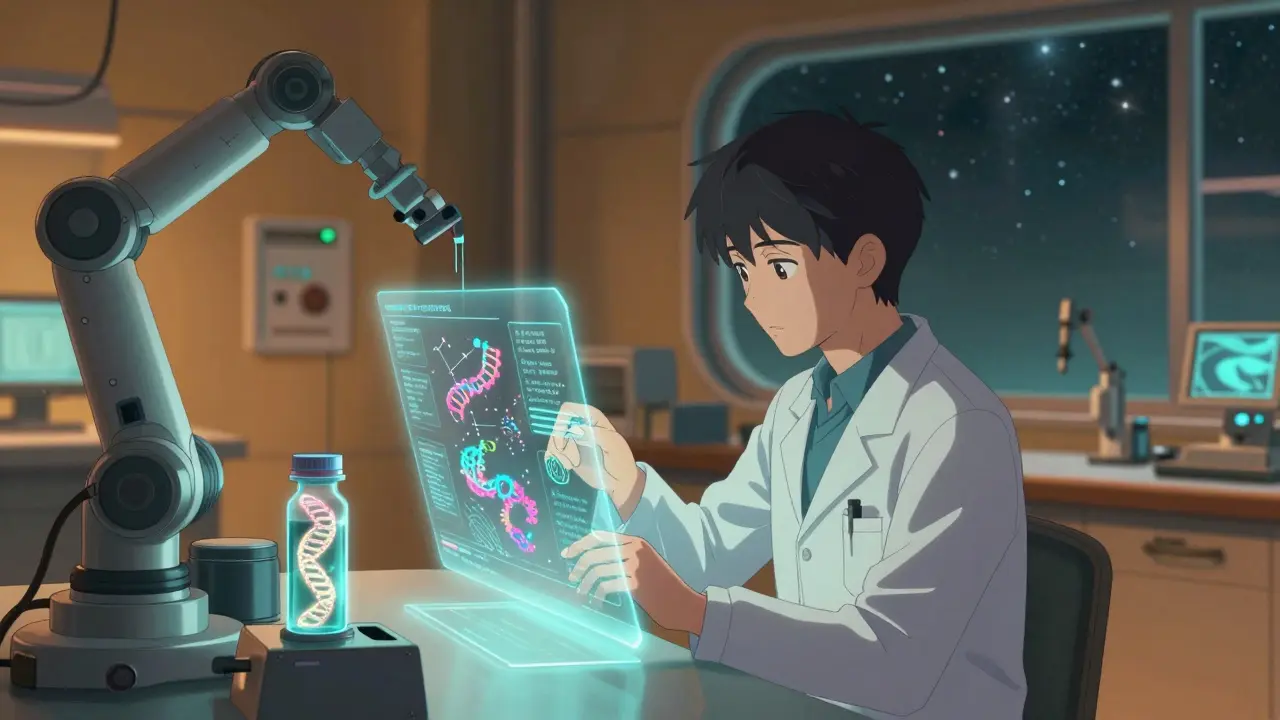 Oncologist analyzing holographic multi-omic data streams with a glowing liquid biopsy vial in a futuristic lab.