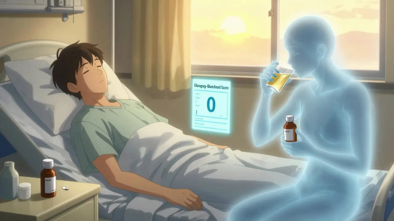 Patient recovering in hospital bed with medication, ghostly past self holding ibuprofen bottles.