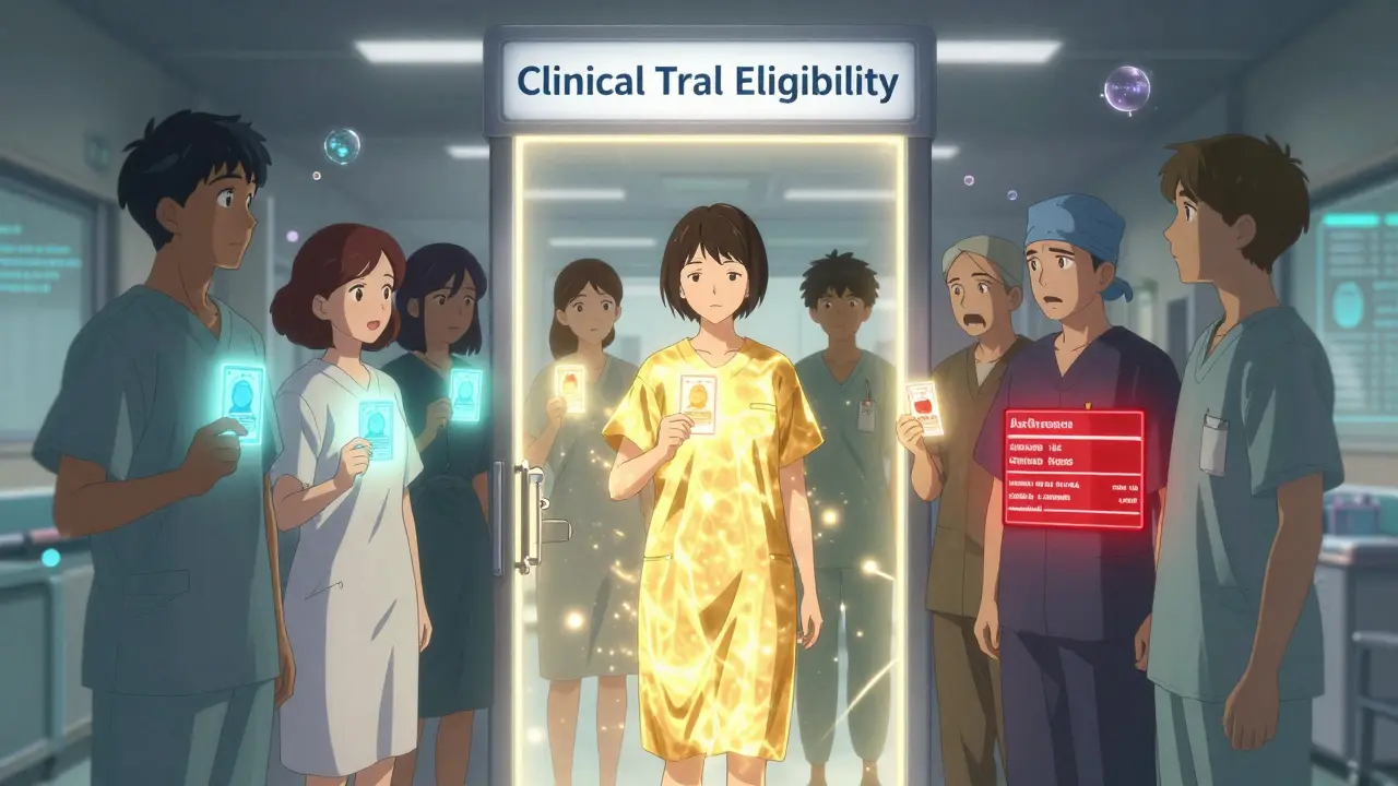 Patients at a glowing portal, each holding biomarker cards—some passing through, others held back by warnings.