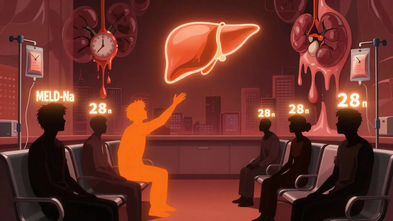 Patients in a waiting room glow with MELD-Na scores as one reaches toward a distant liver in the sky.