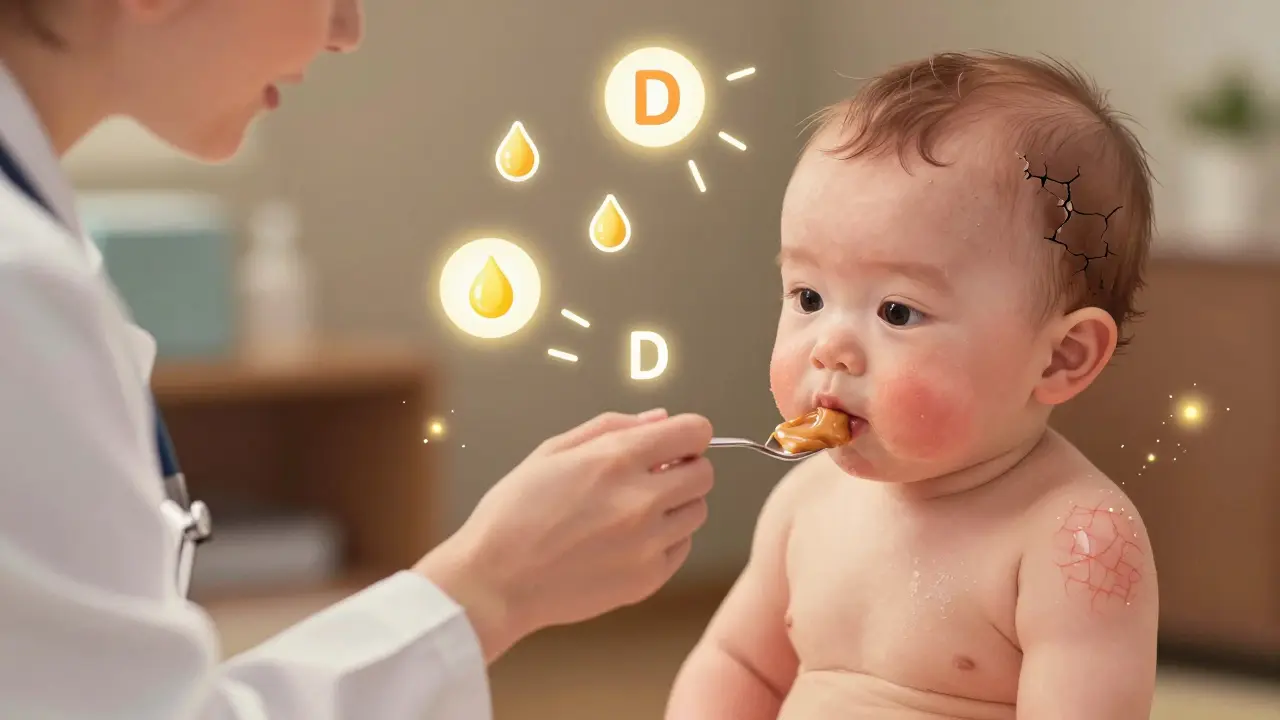 Pediatrician introducing peanut butter to a baby with eczema, vitamin D rays and microbes floating in the air.