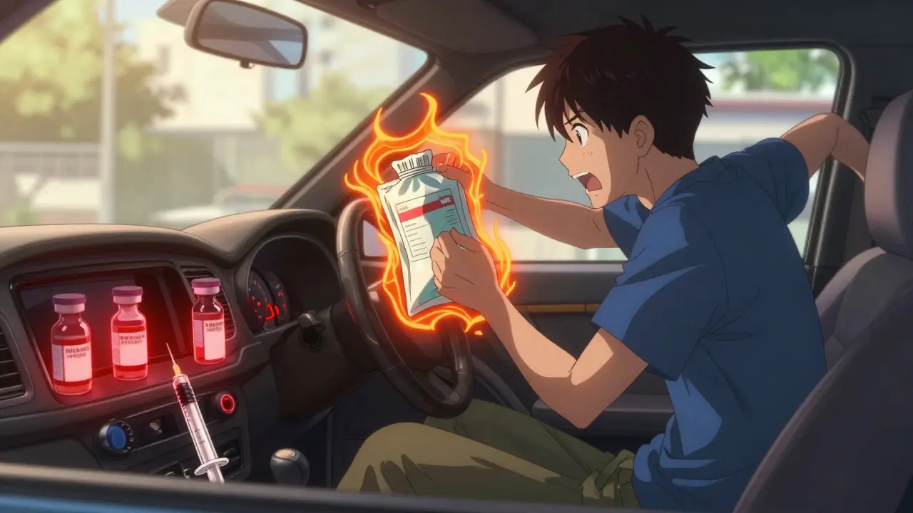 Person rushing from car as heat damages medication inside, visualized with glowing red vials.