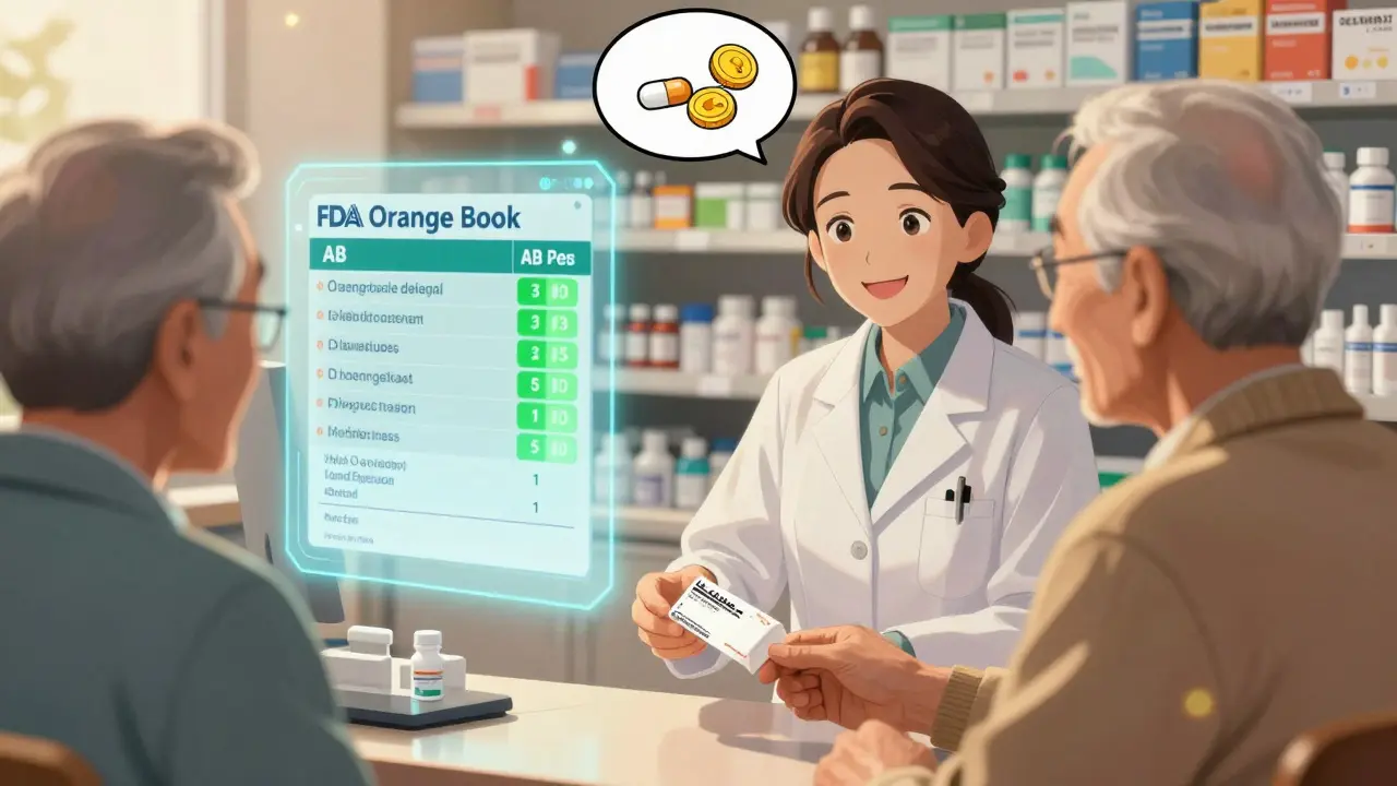 Pharmacist handing a prescription to an elderly patient with FDA Orange Book hologram in background.