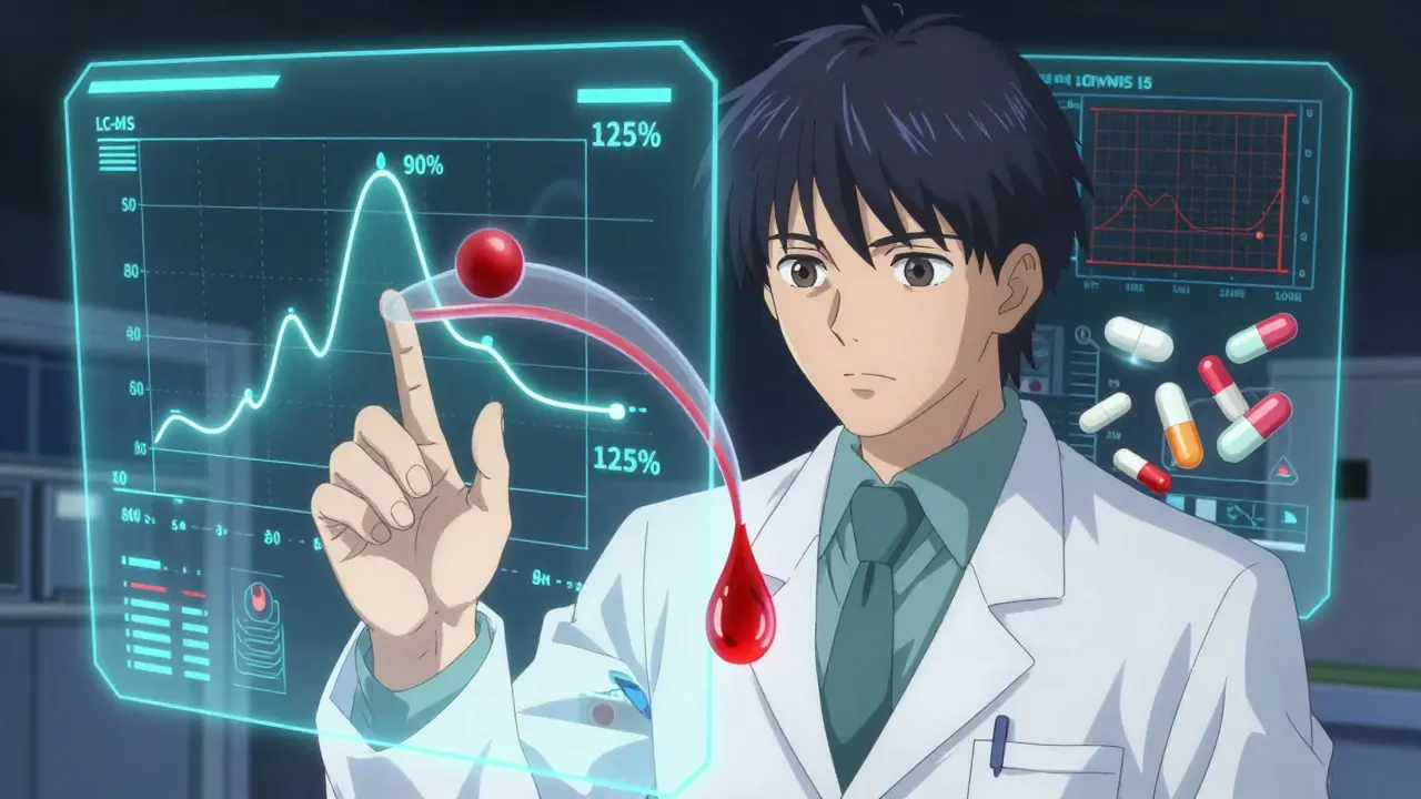 Scientist analyzing pharmacokinetic curves on a holographic display with glowing confidence intervals and blood flow visualization.