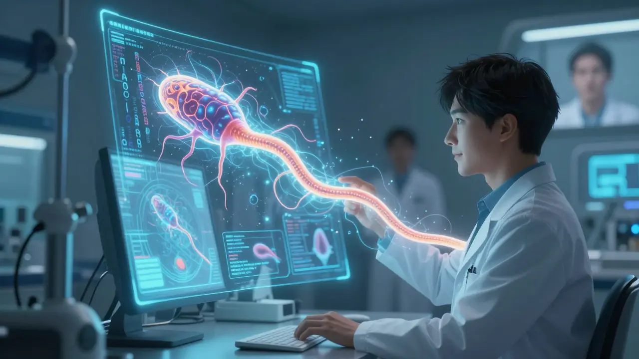 Scientists observing glowing myelin regenerating around a nerve in a high-tech holographic lab.