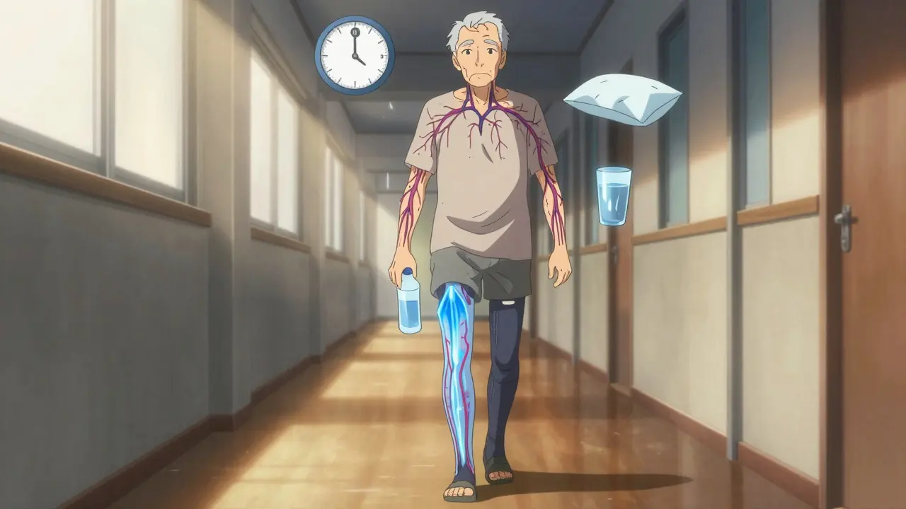 Senior walking safely with compression stockings and water bottle, glowing blood flow and safety icons nearby.