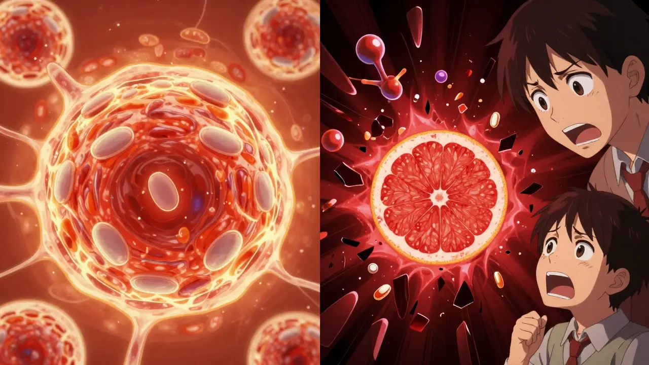 Split image: healthy muscle cell vs. damaged muscle exploding due to grapefruit-statin interaction.
