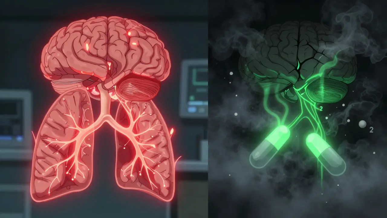 Split medical illustration showing healthy vs. suppressed brainstem signals with CO2 fog and drug molecules.