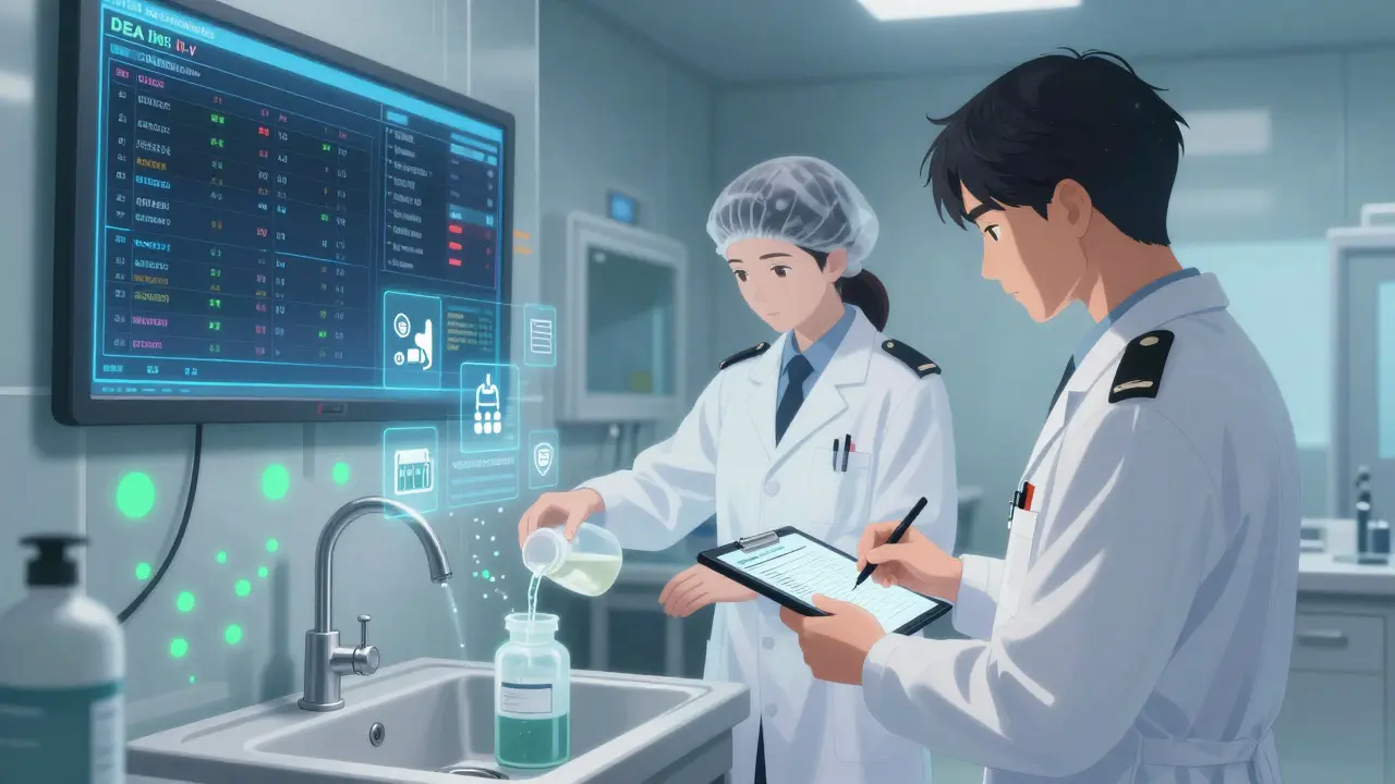 Two personnel destroying narcotics in a sterile room while documenting the process digitally.
